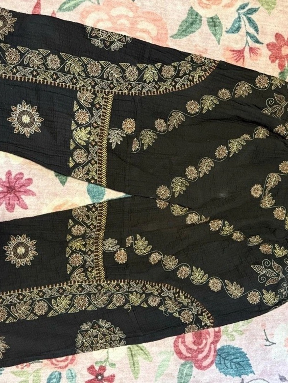 Free People Black Gold Floral Wide Leg Pants